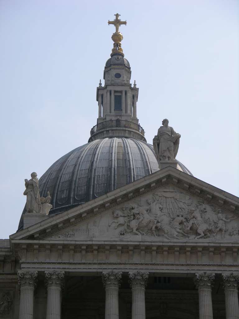 London St. Pauls Cathedral 02 Outside Lantern Close Up Here is a close up of St. Pauls Cathedral from the west, with the cross 111m above the church floor. Below the cross is the Lantern and the outer, lead-encased dome. At the base of the lantern is the famous Golden Gallery, which offers panoramas of London.